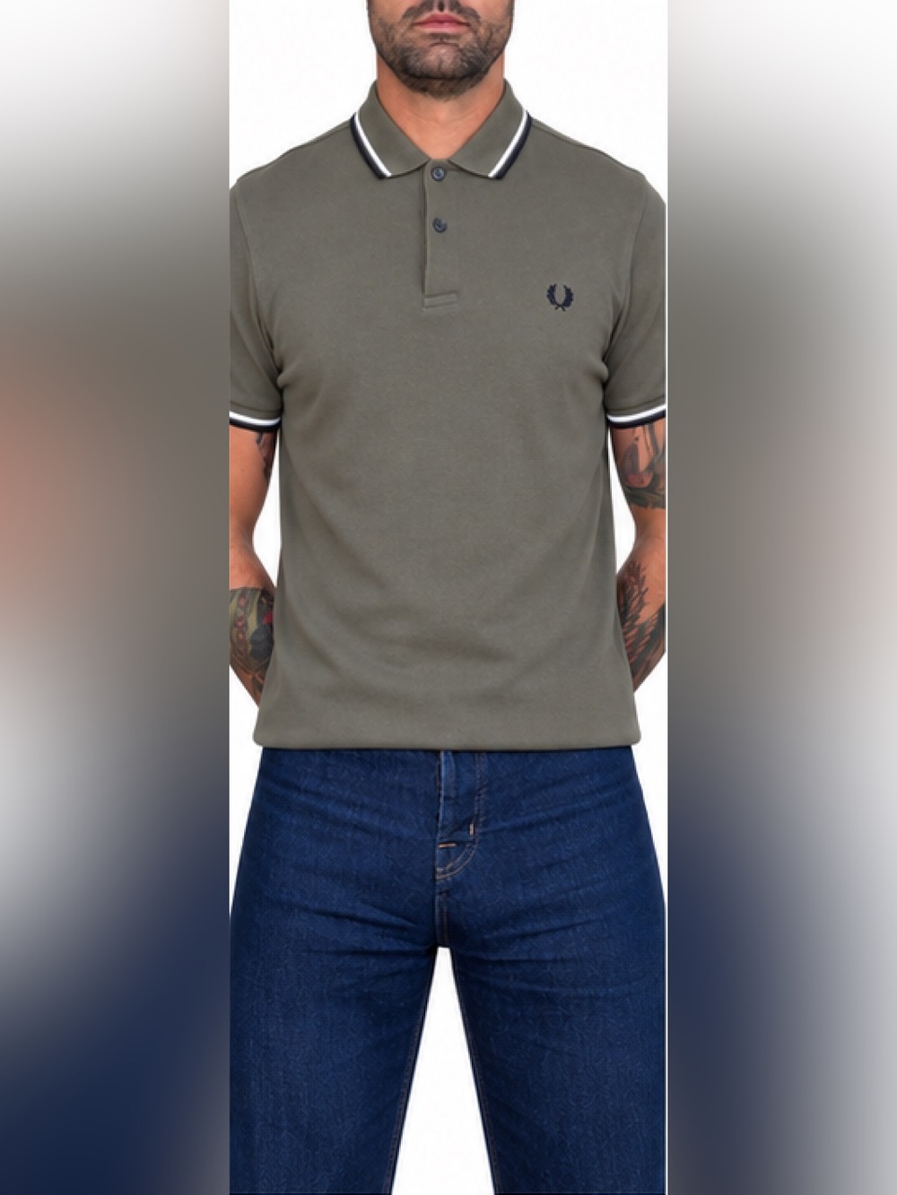 Fred Perry Olive Green Polo with White-Trim Collar